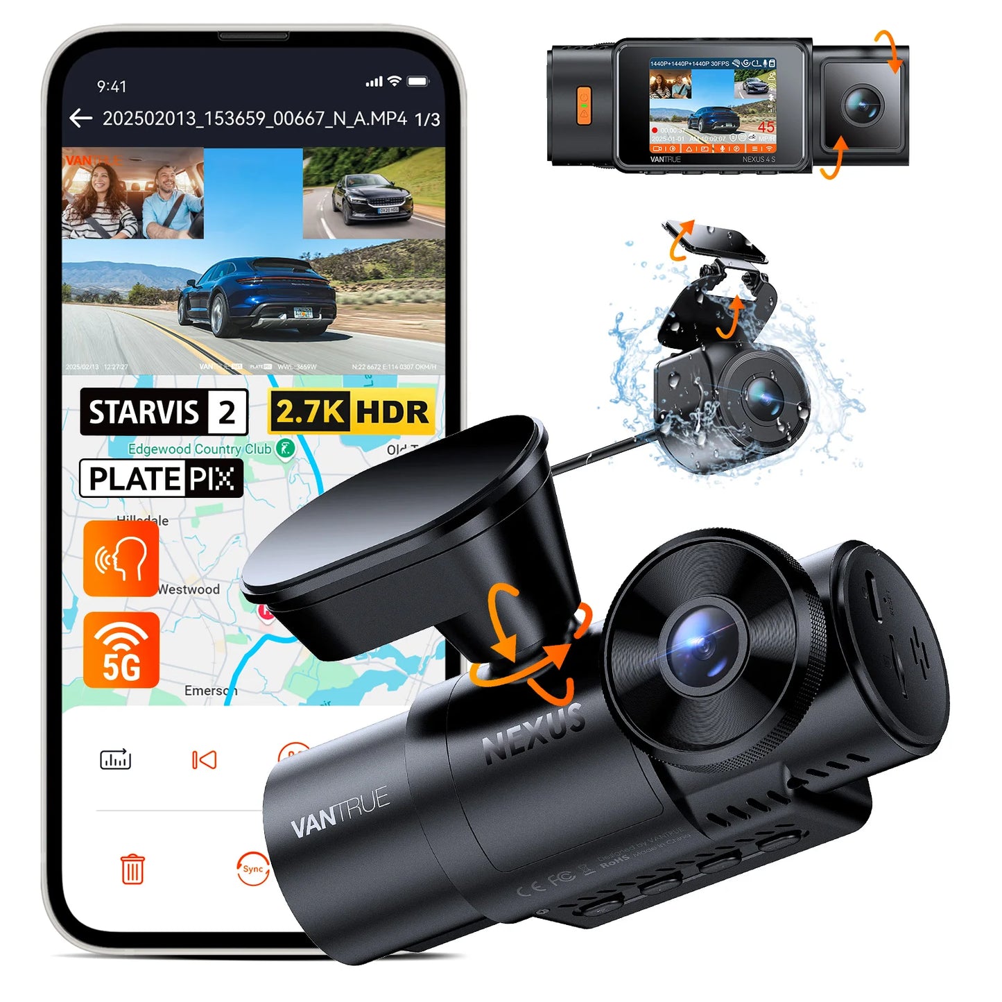 DashCam 3-Camera 2.7K IP67 Waterproof GPS