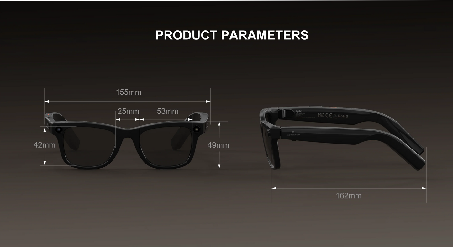 Black AI Smart Bluetooth Glasses UHD Camera Stabilized Video