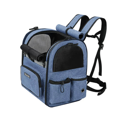 Pet Carrier Bag Foldable Double Shoulder Travel Backpack Blue