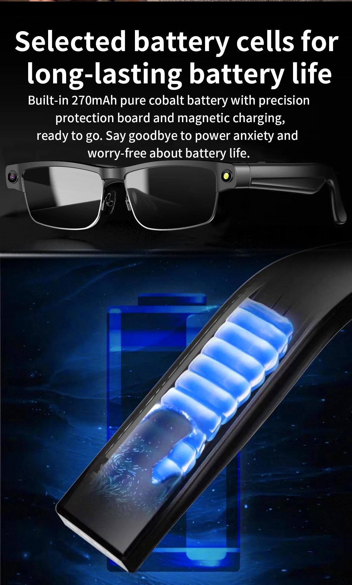 Smart Sunglasses 8MP Video Recording Bluetooth 270mAh