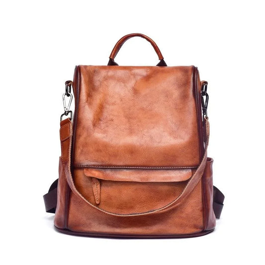 Large Capacity Leather Travel Backpack Brown