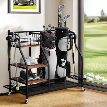 Rolling Golf Bag Storage Rack with Wheels Multi-Tier Organizer