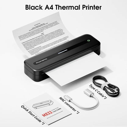 Black Portable Inkless A4 Thermal Printer for Mobile Printing