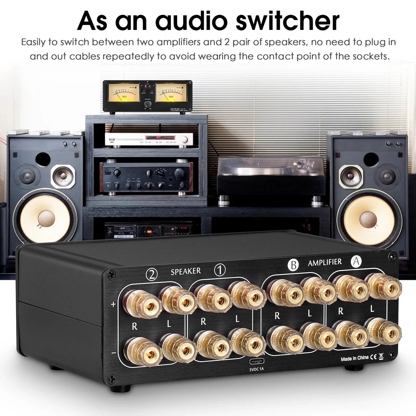 2 Way Audio Selector with VU Meter Display and Remote Control