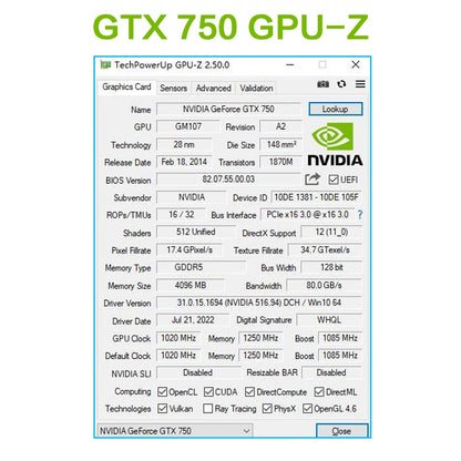 GTX 750Ti 8GB GDDR5 Gaming Graphics Card