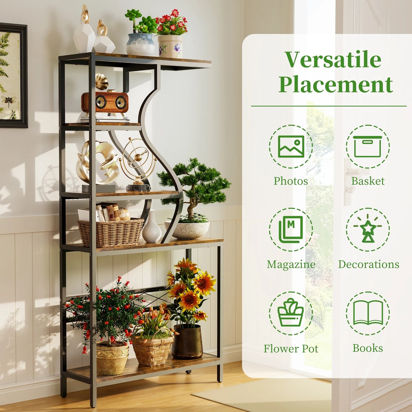 Industrial 5-Tier Flower Pot and Bookshelf Stand