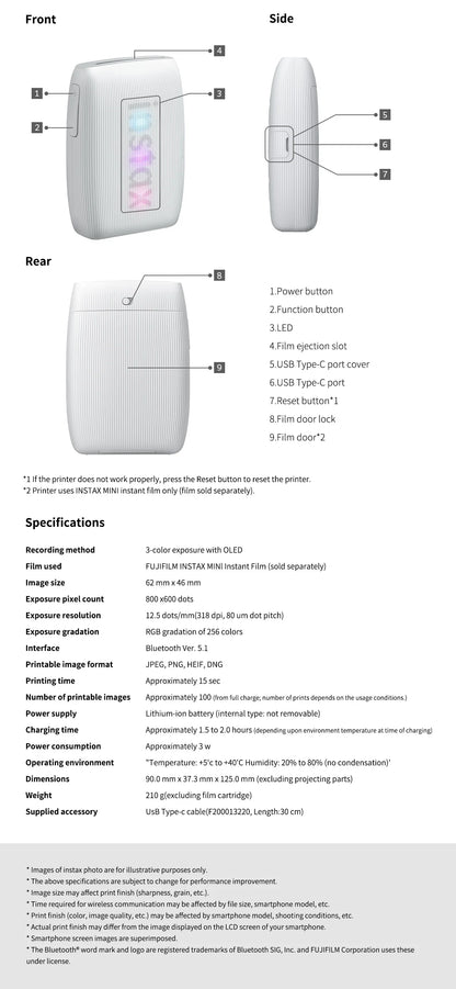 Portable Instant Photo Printer Bluetooth Smartphone Mini Rose Pink