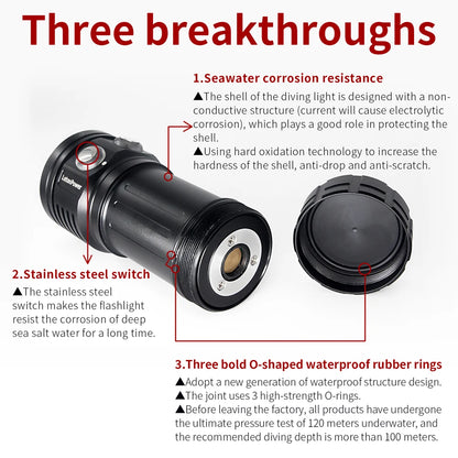 Rechargeable Diving Flashlight 22800lm 100m Waterproof Torch