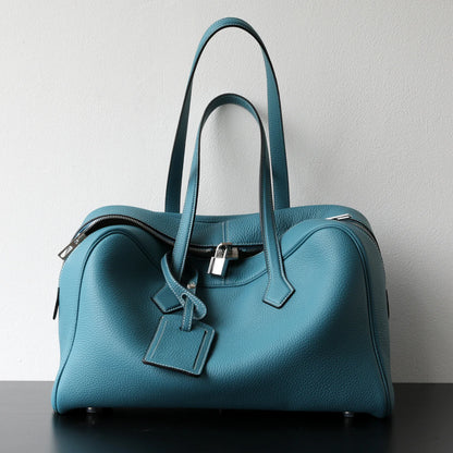 Large Leather Bowling Handbag Laptop Tote Work Bag Blue