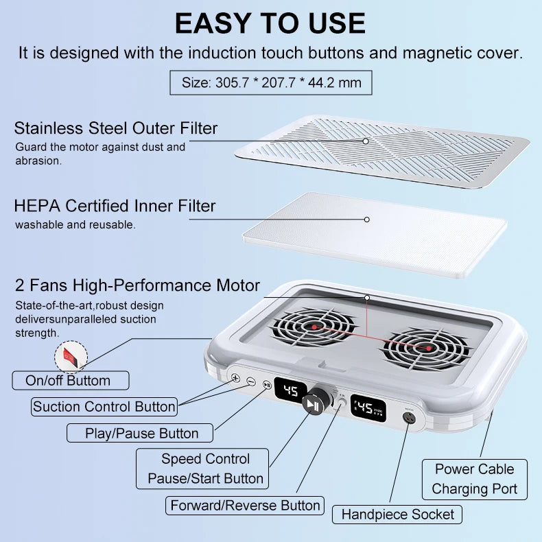 Professional Nail Dust Vacuum with Dual Fans White