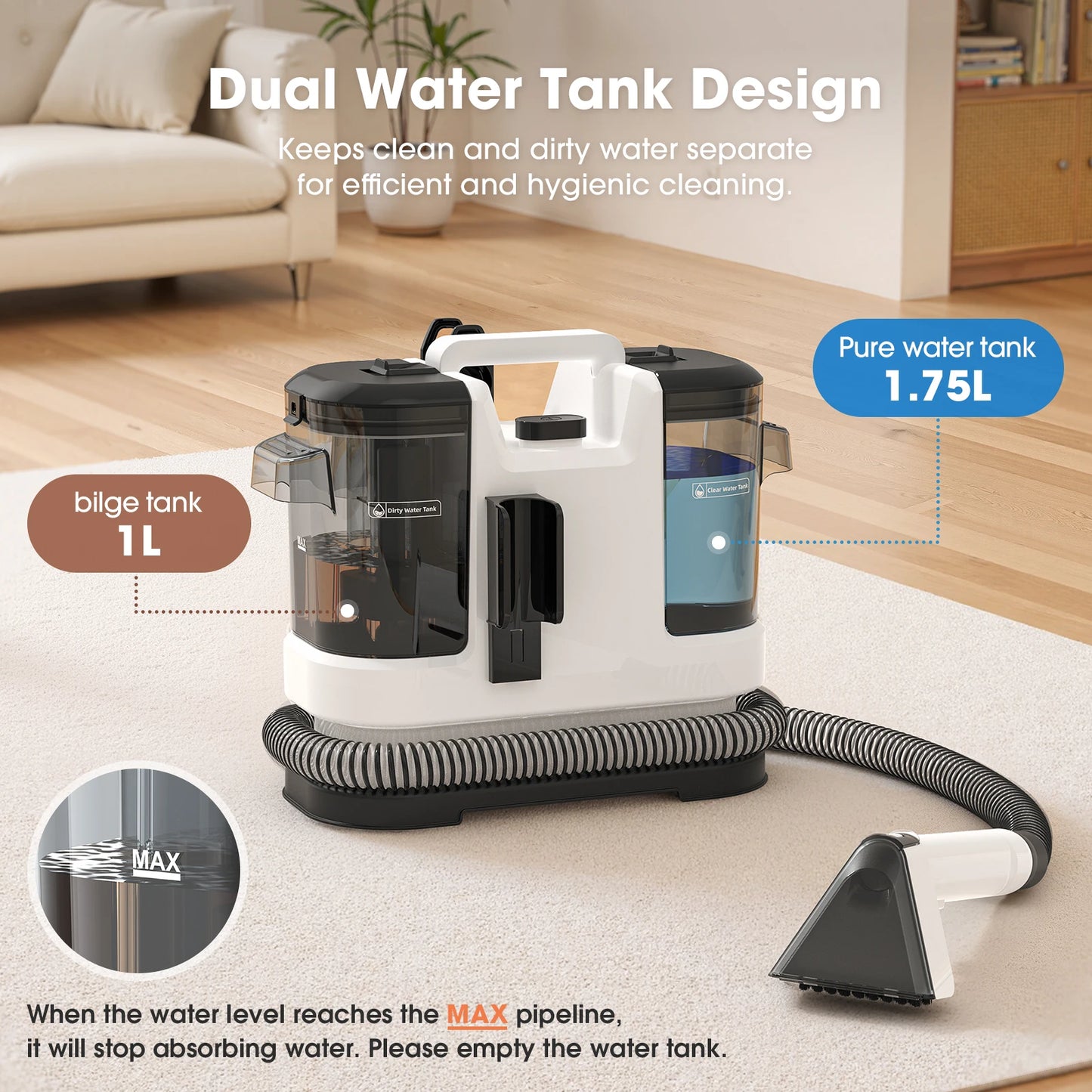 Carpet Cleaner 15kPa with Dual Tanks and Long Hose