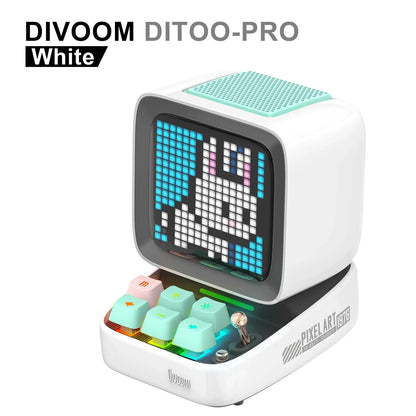 White Mini Retro Speaker with LED Pixel Art and Clock Function