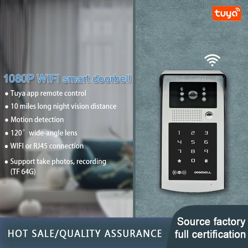 Smart WiFi Video Doorbell 1080p RFID Keypad 32GB