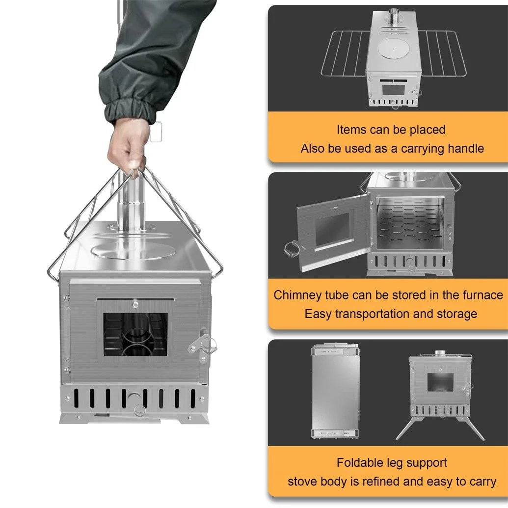 Portable Wood Burning Tent Stove with 6 Chimney Pipes