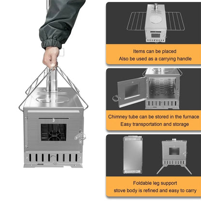 Portable Wood Burning Tent Stove with 6 Chimney Pipes