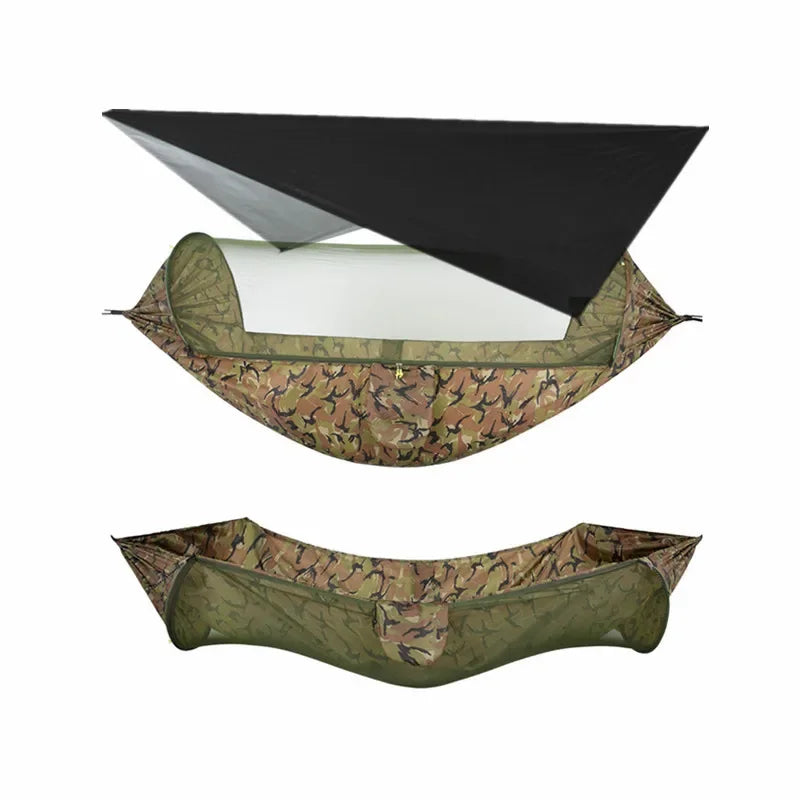 Black Camo Camping Hammock with Mosquito Net and Rain Fly