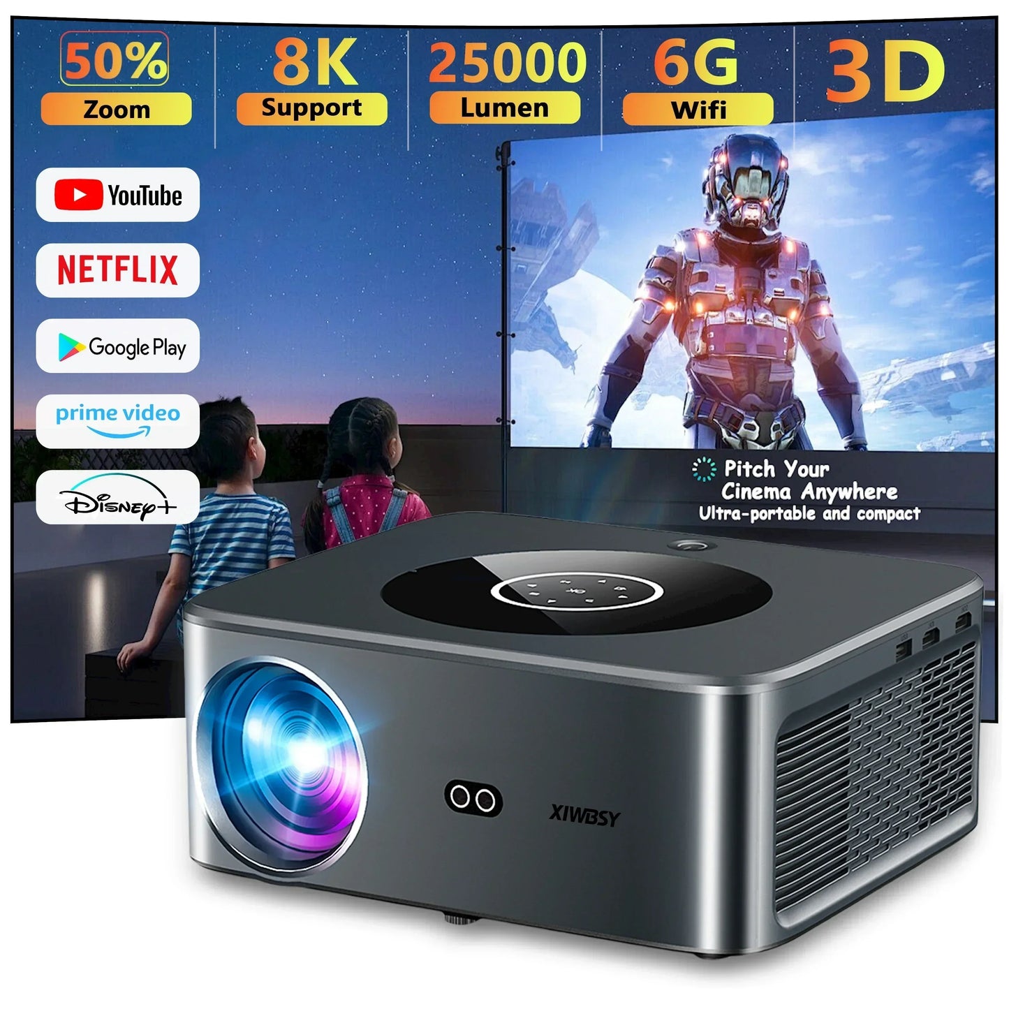 Portable 4K LED Projector 800ANSI WiFi6 Bluetooth 32GB Auto Focus