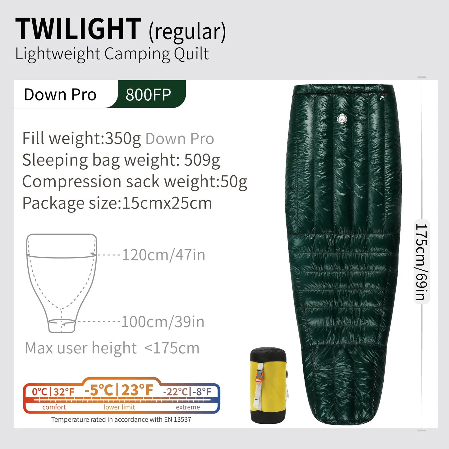 Compact Winter Hiking Down Quilt Sleeping Bag Twilight Green Regular