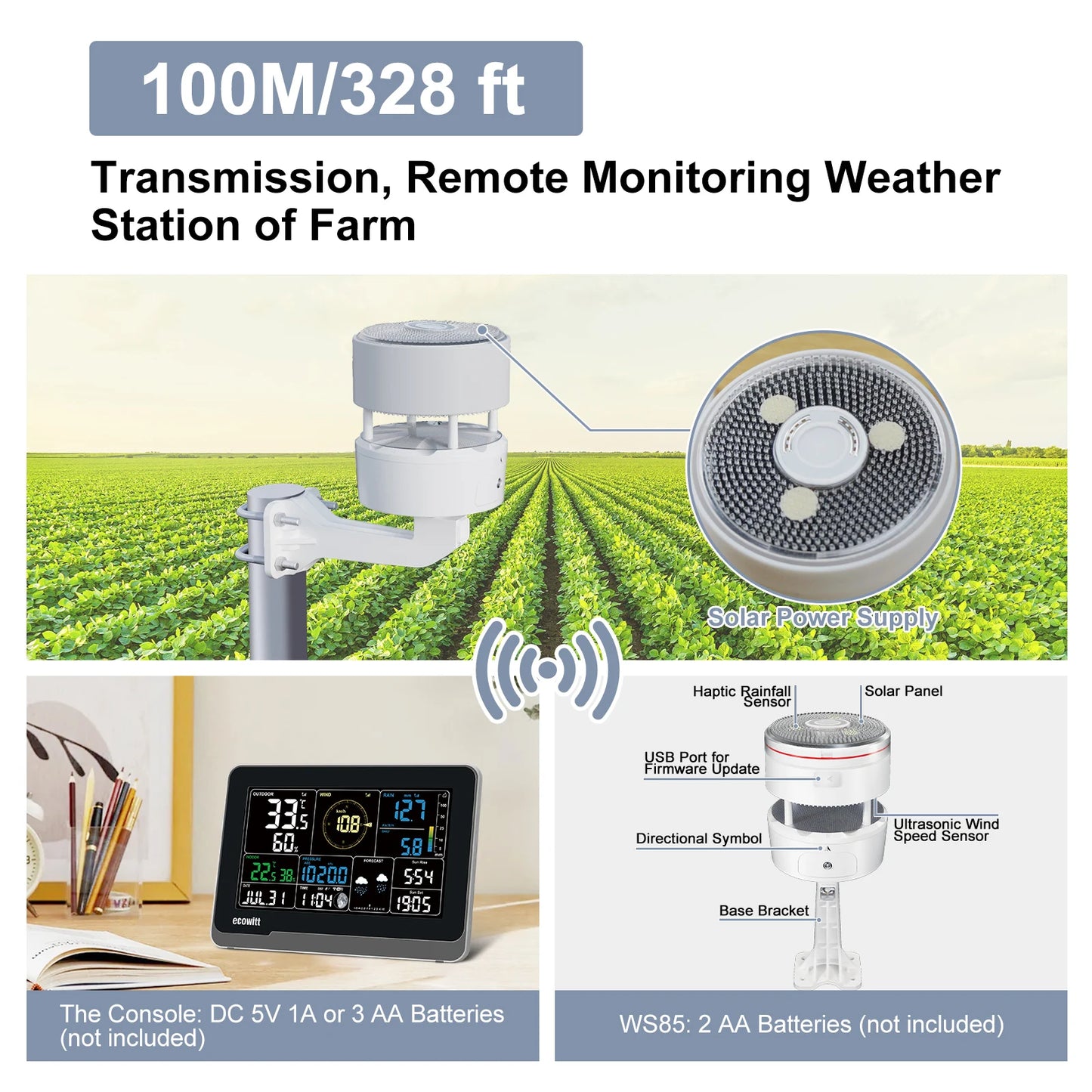 Wireless Weather Station with 7.5 Inch Display and Rain Gauge