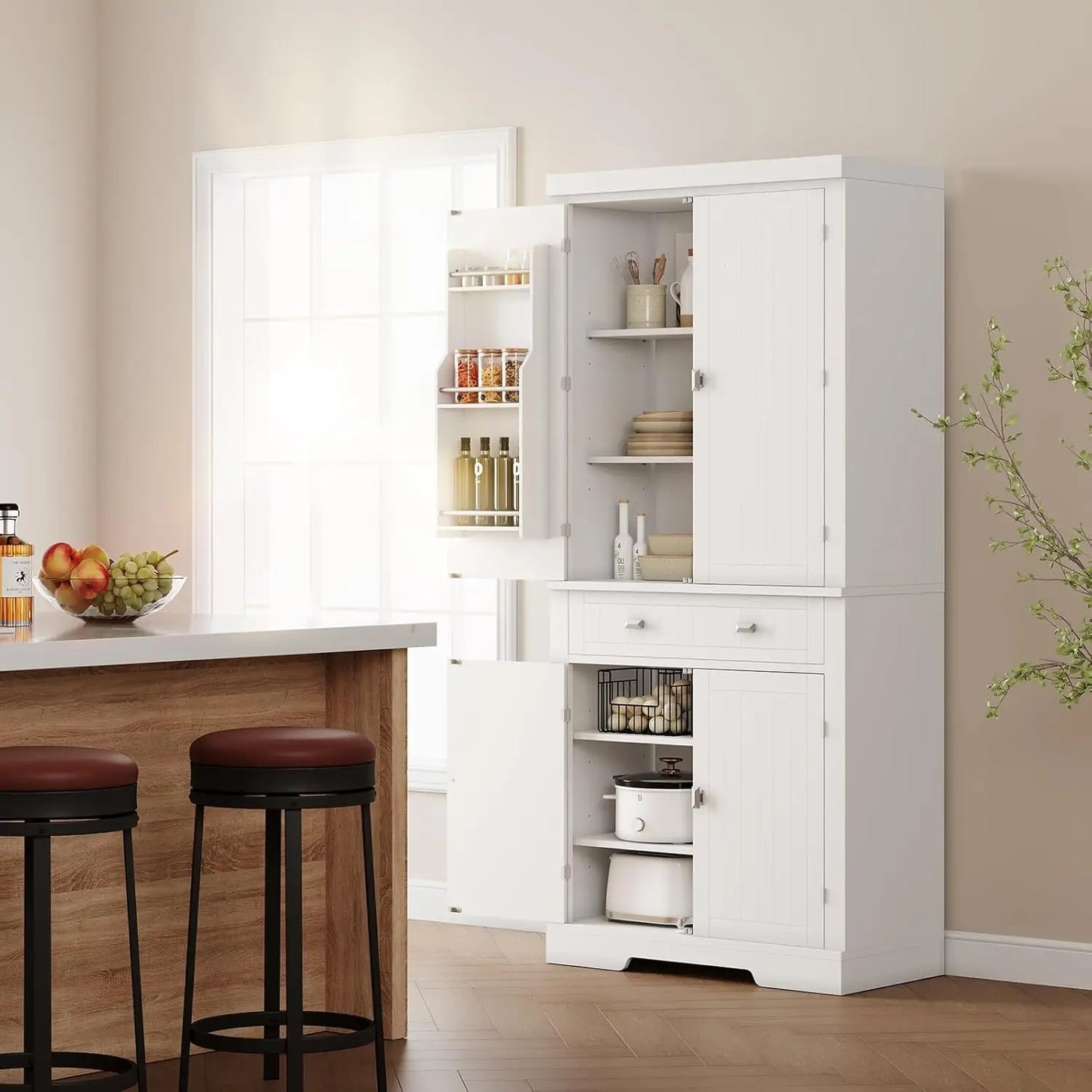 White 72" Kitchen Pantry Storage Cabinet 6 Shelves