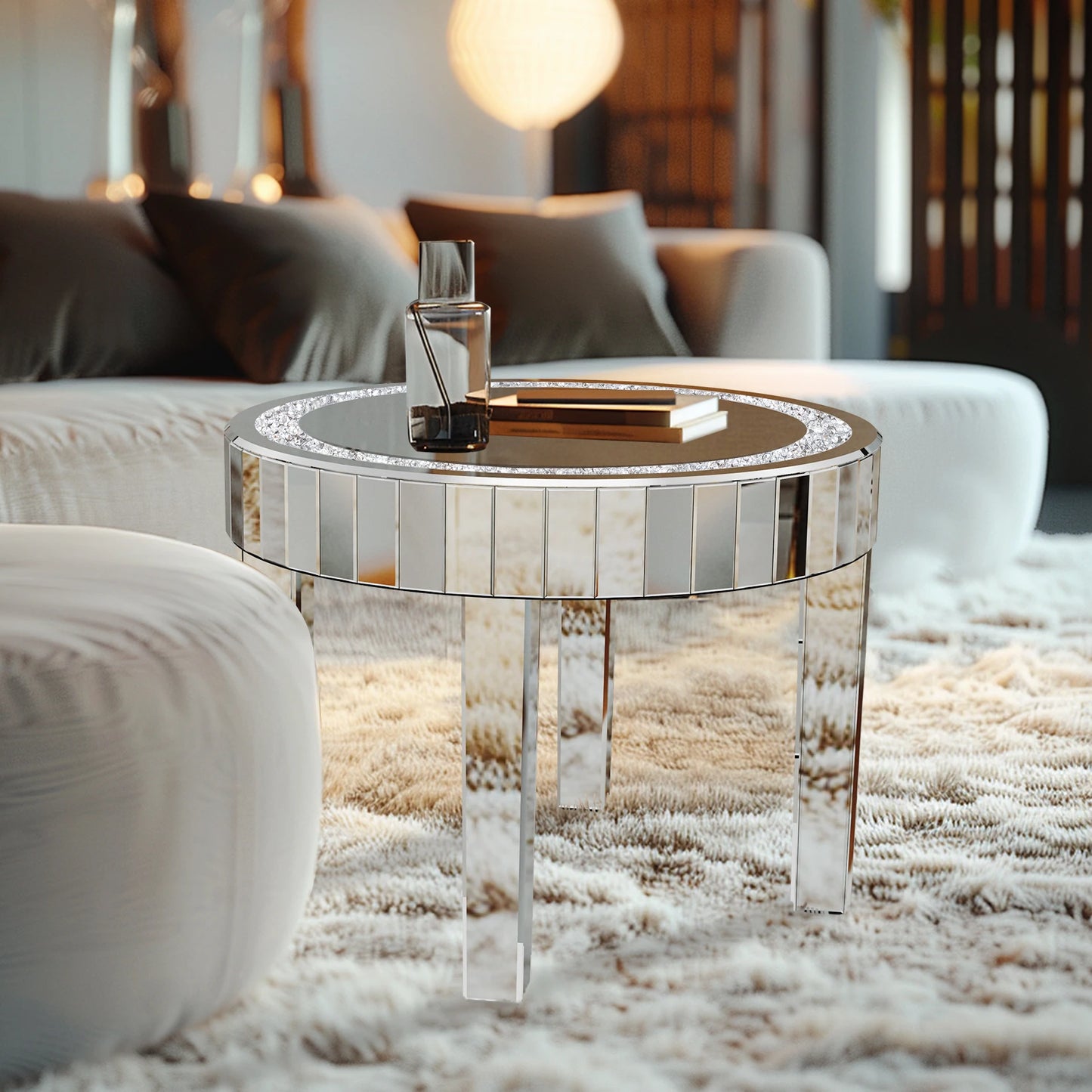 Round Mirrored Bedside Table Crystal Diamond Accent Side Table
