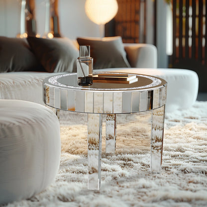 Round Mirrored Bedside Table Crystal Diamond Accent Side Table