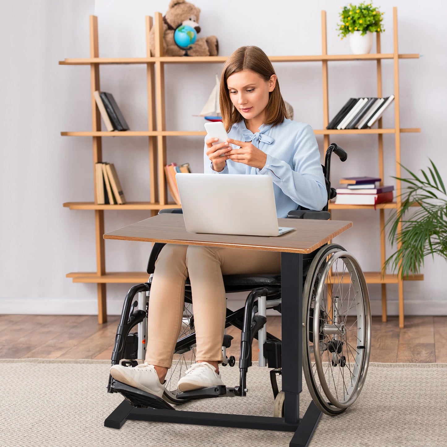 Adjustable Overbed Table with Hidden Wheels and Locking Base