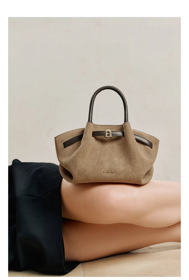 Light Brown Suede Handbag Small Crossbody Shoulder Bucket Bag