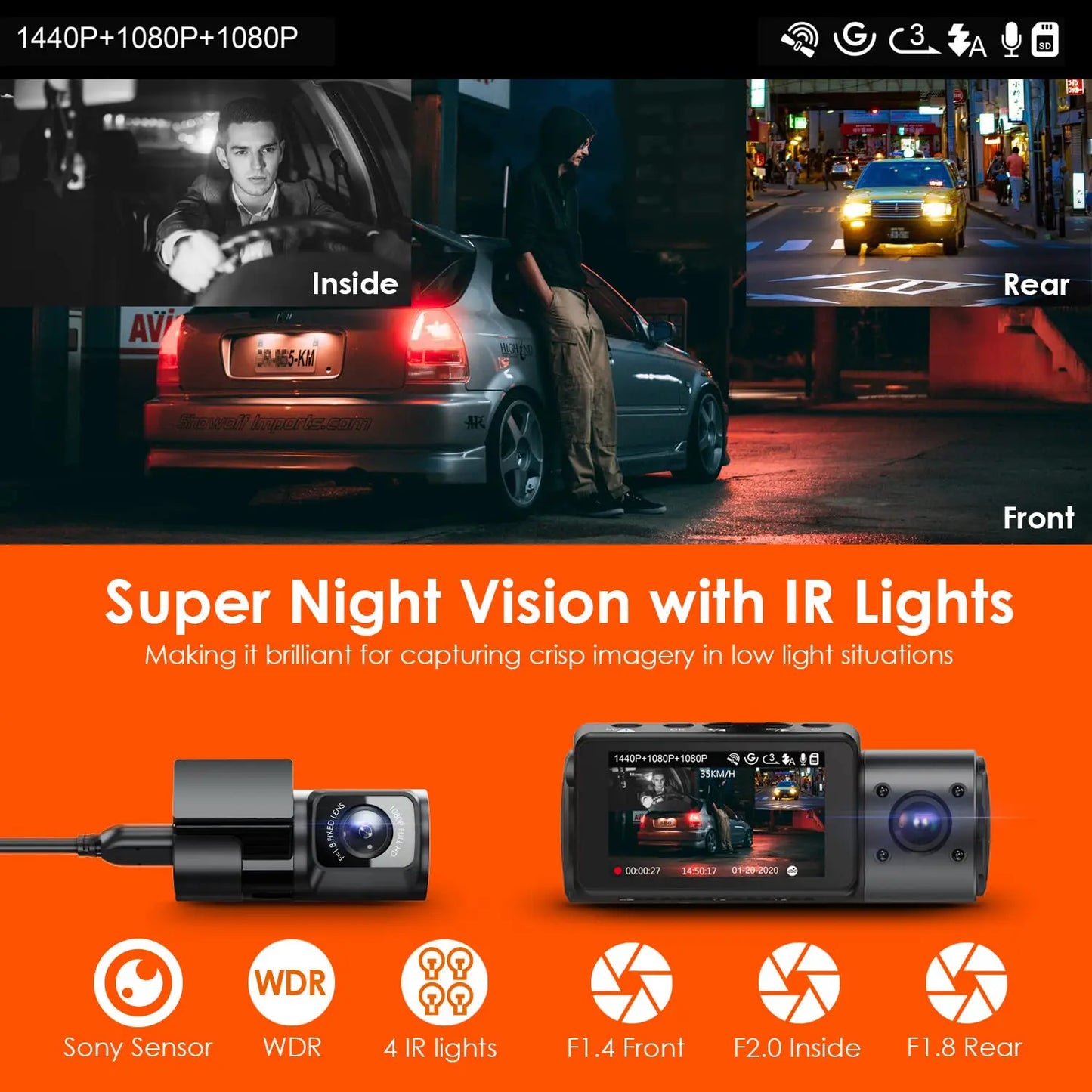 4K Dash Cam with Night Vision and Rear Camera