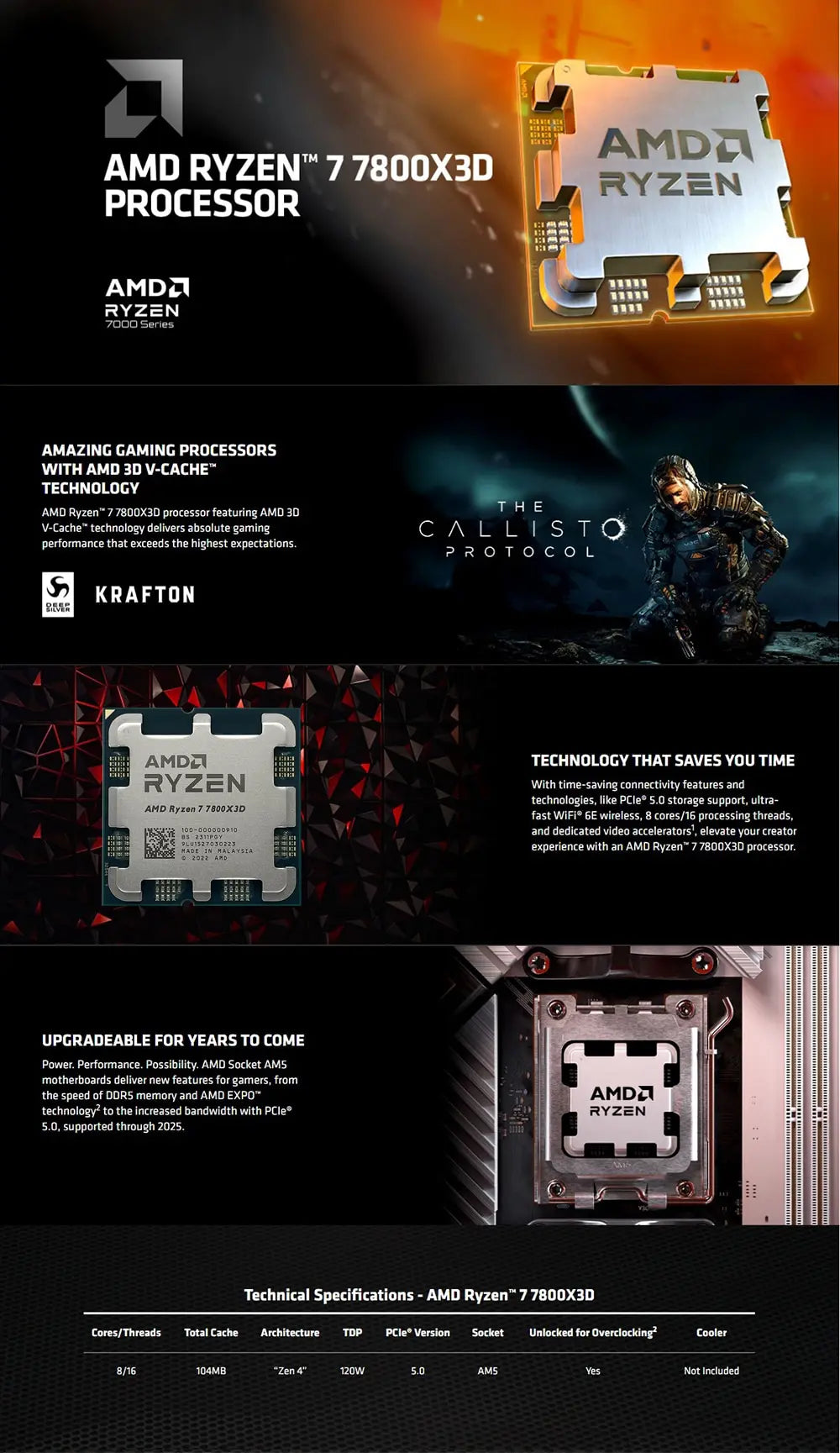 8 Core 16 Thread Ryzen 7 7800X3D CPU Up to 5GHz