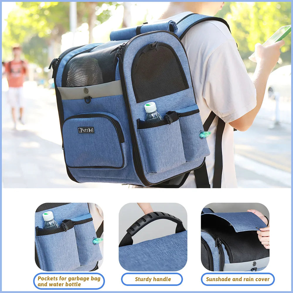 Pet Carrier Bag Foldable Double Shoulder Travel Backpack Blue