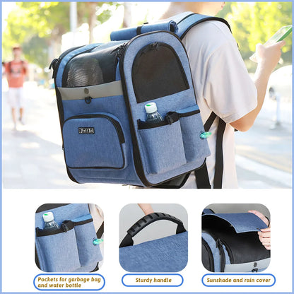 Pet Carrier Bag Foldable Double Shoulder Travel Backpack Blue