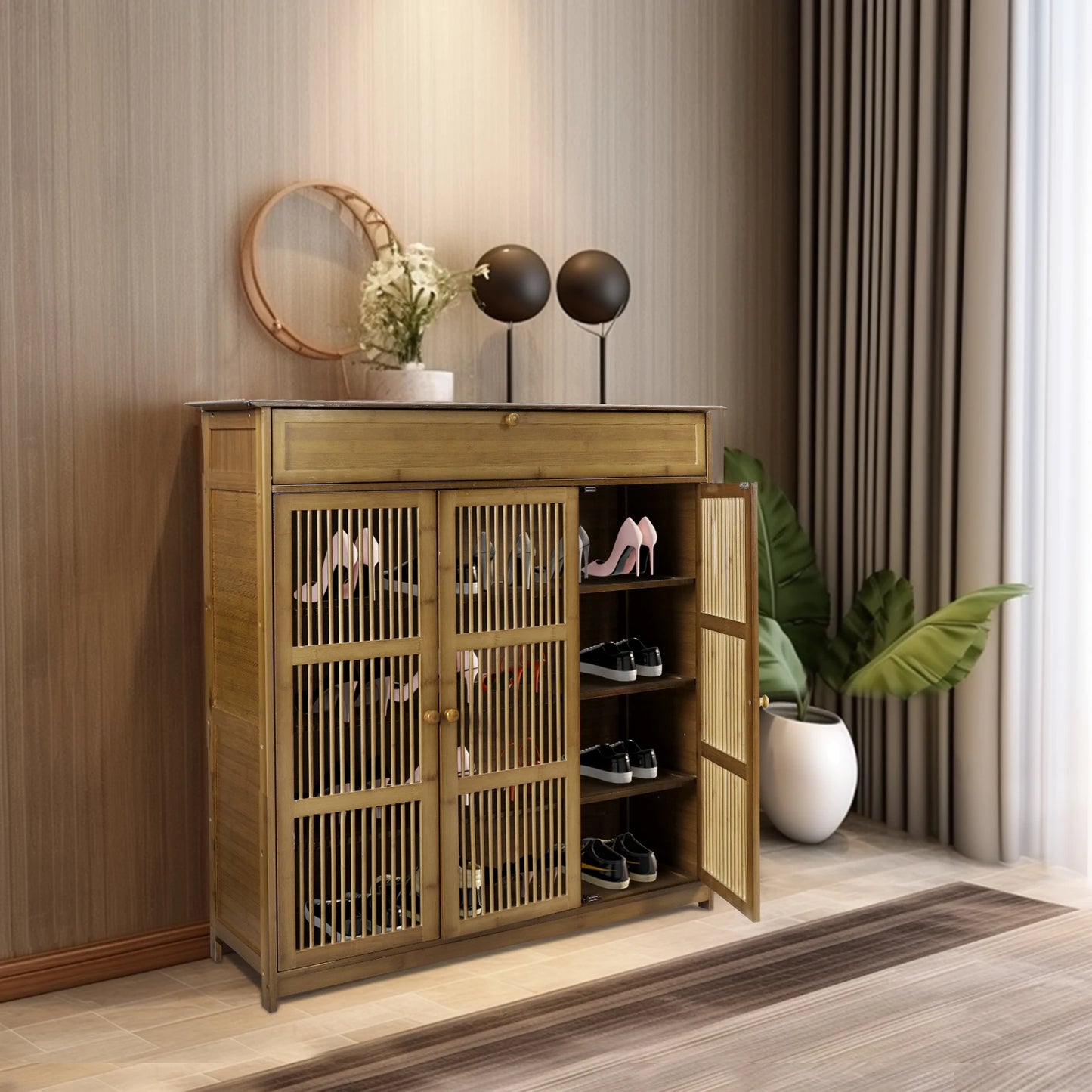 Slim Bamboo Shoe Rack Cabinet with Three Hollow Doors