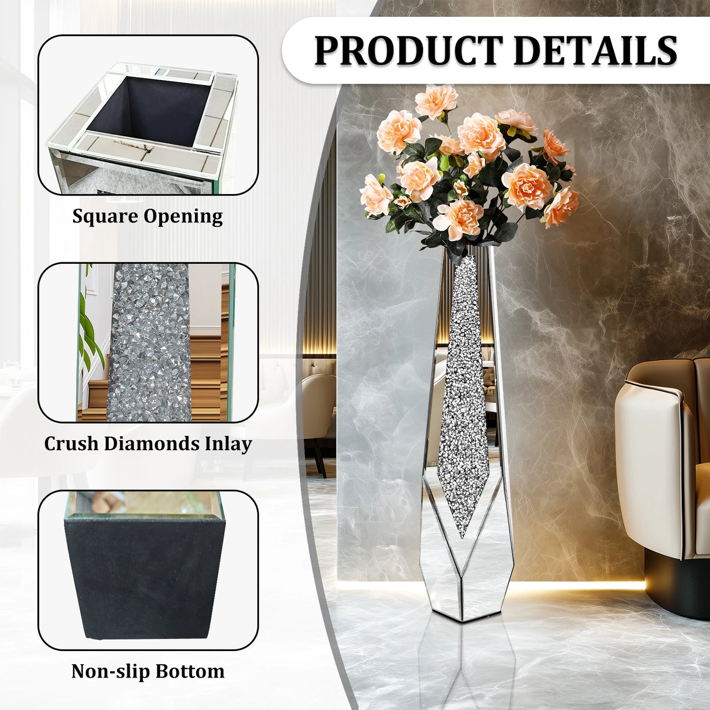 23x85.5cm Tall Floor Vase Crushed Diamond Glass Decor