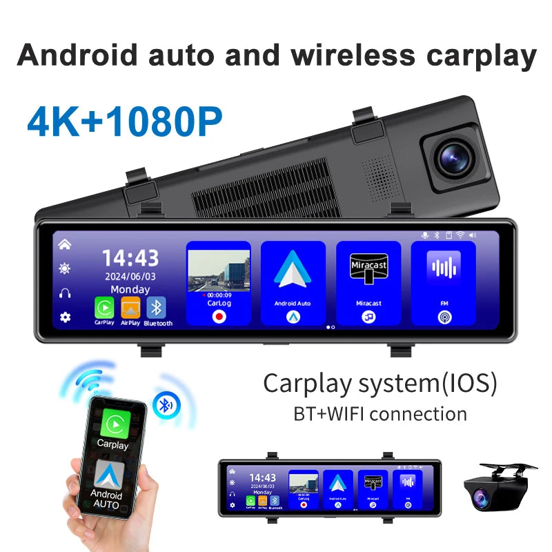 12 Smart 4K Dash Cam Mirror Rear Camera