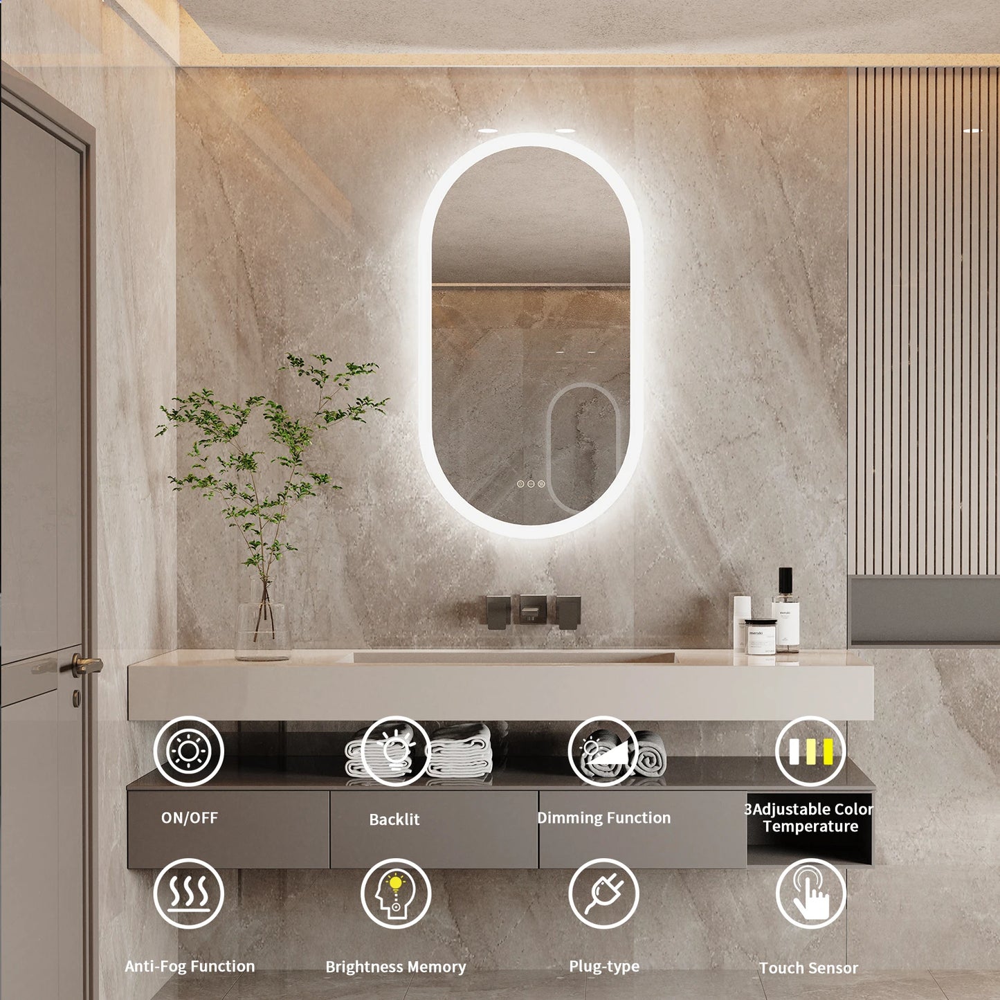 20x32in LED Backlit Bathroom Mirror Anti-Fog Oval