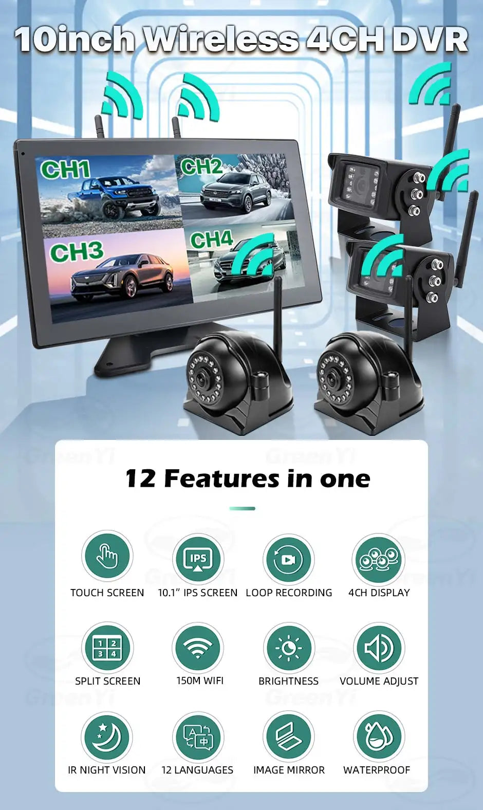 10" Touchscreen DVR Monitor with 2 Cameras 128GB