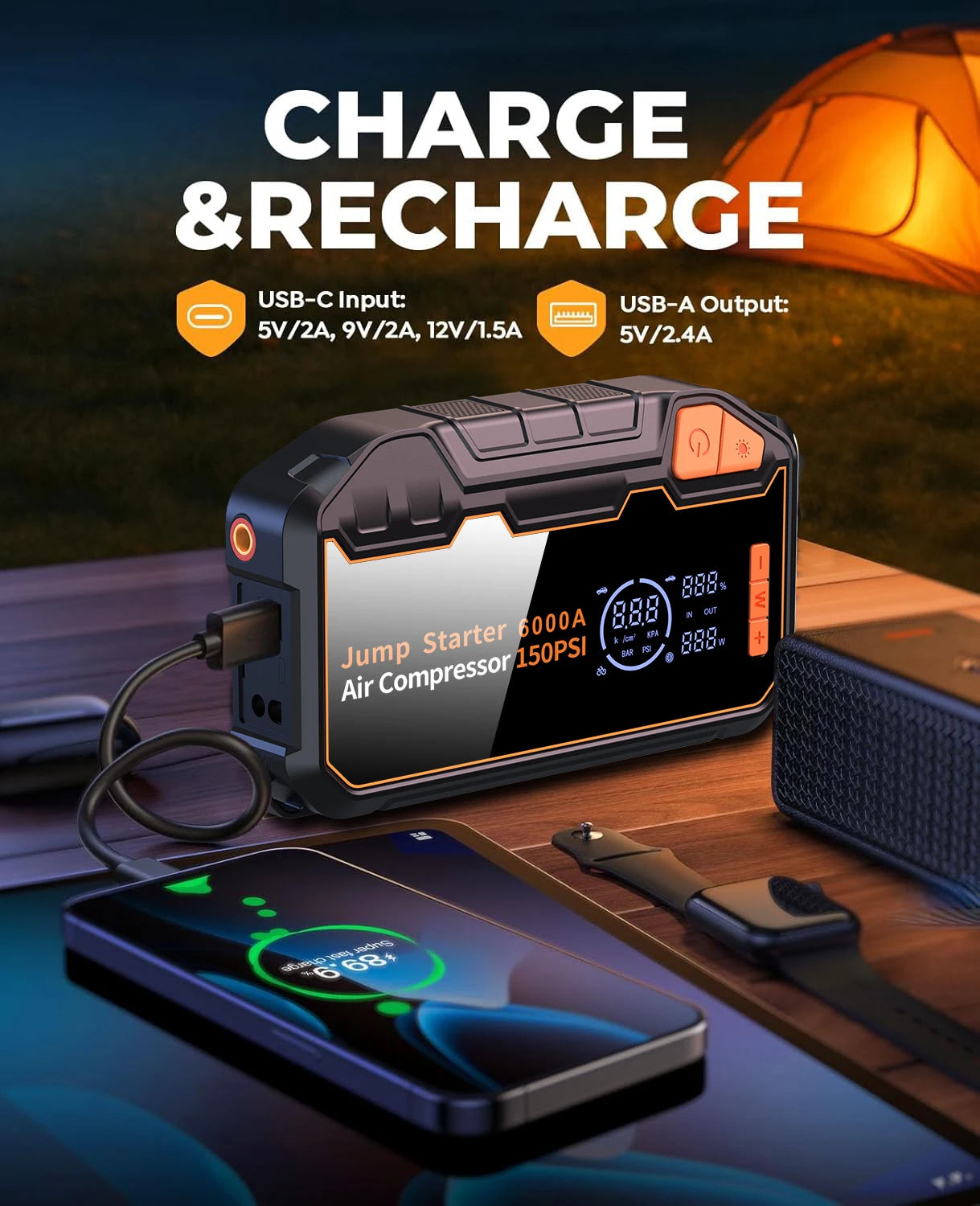 6000A Portable Car Jump Starter 26800mAh Air Compressor