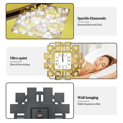 60cm Crushed Crystal Diamond Wall Clock Gold Decor