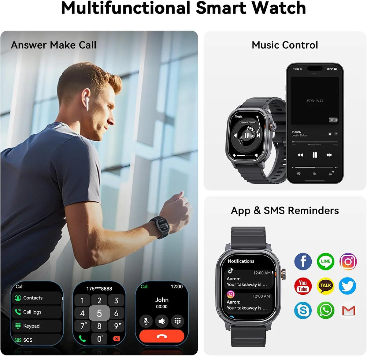 Waterproof Bluetooth Smartwatch with Fitness Monitoring Black