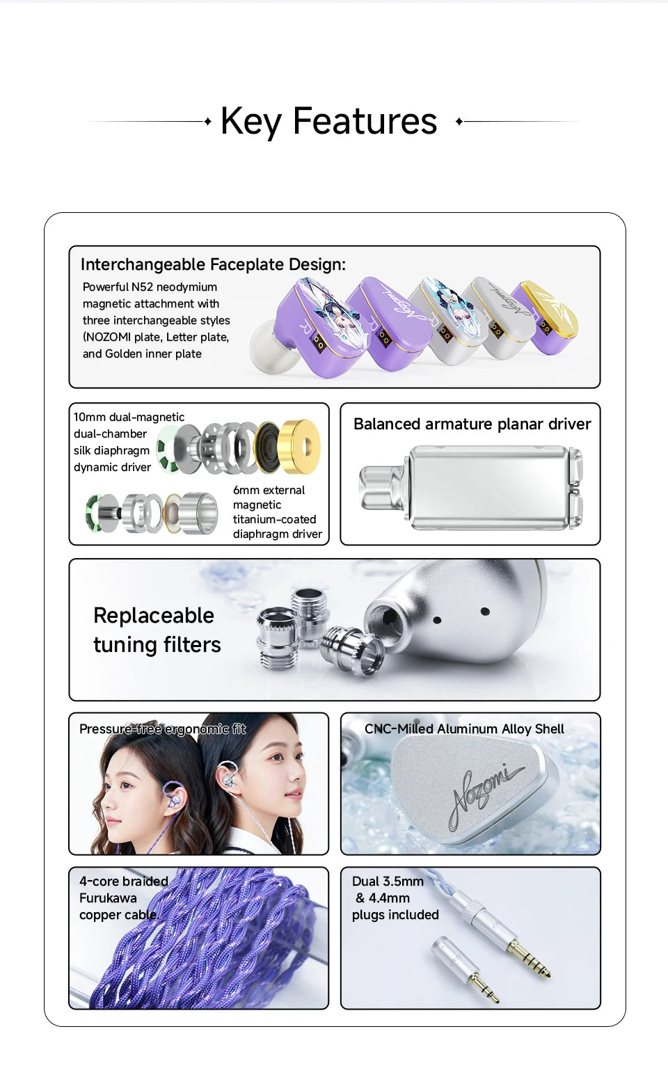 Portable Silver HiFi Earbuds Interchangeable Panels