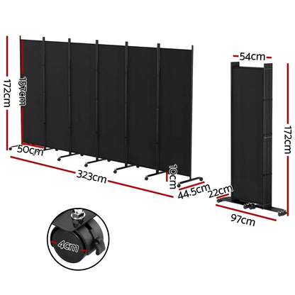 Portable Fabric Room Partition Screen 6 Panels Black