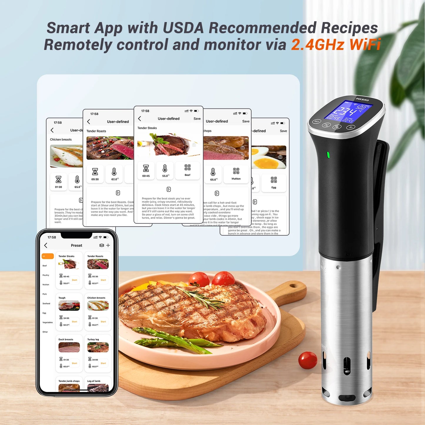 Smart WiFi Sous Vide Cooker IPX7 Waterproof