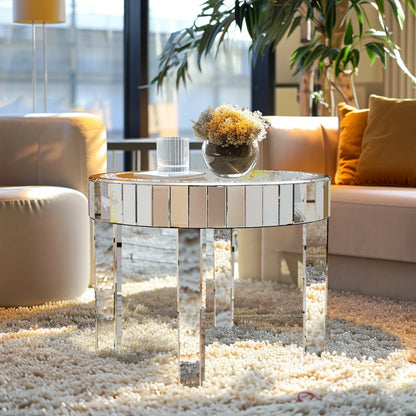 Round Mirrored Bedside Table Crystal Diamond Accent Side Table