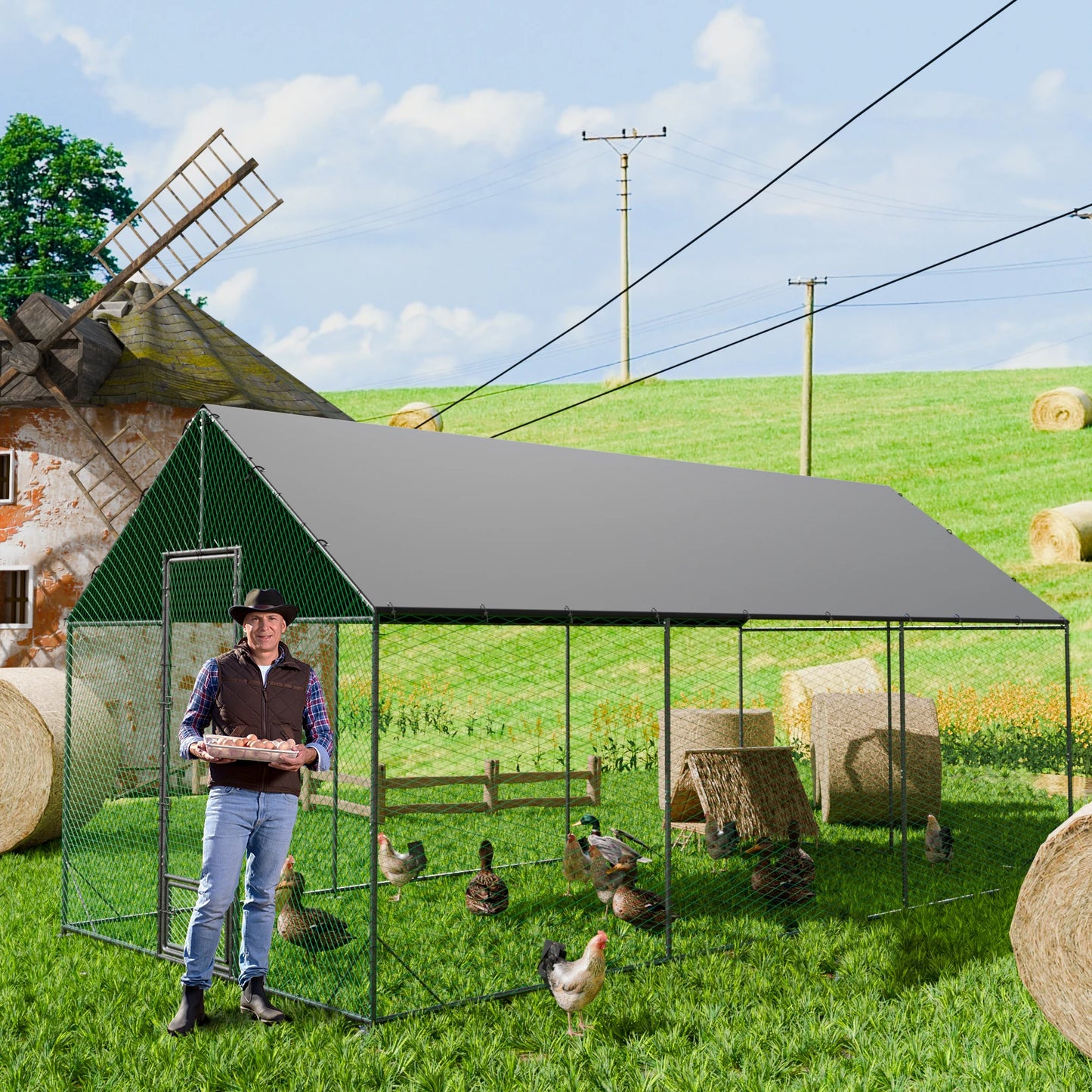 Large Outdoor Walk-In Chicken Coop with Roof Cover