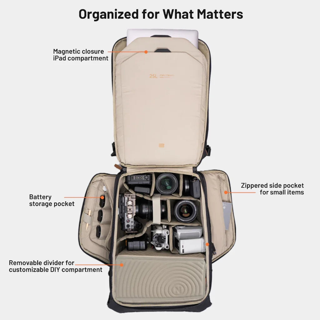 25L Waterproof Photography Backpack with Laptop Storage Black