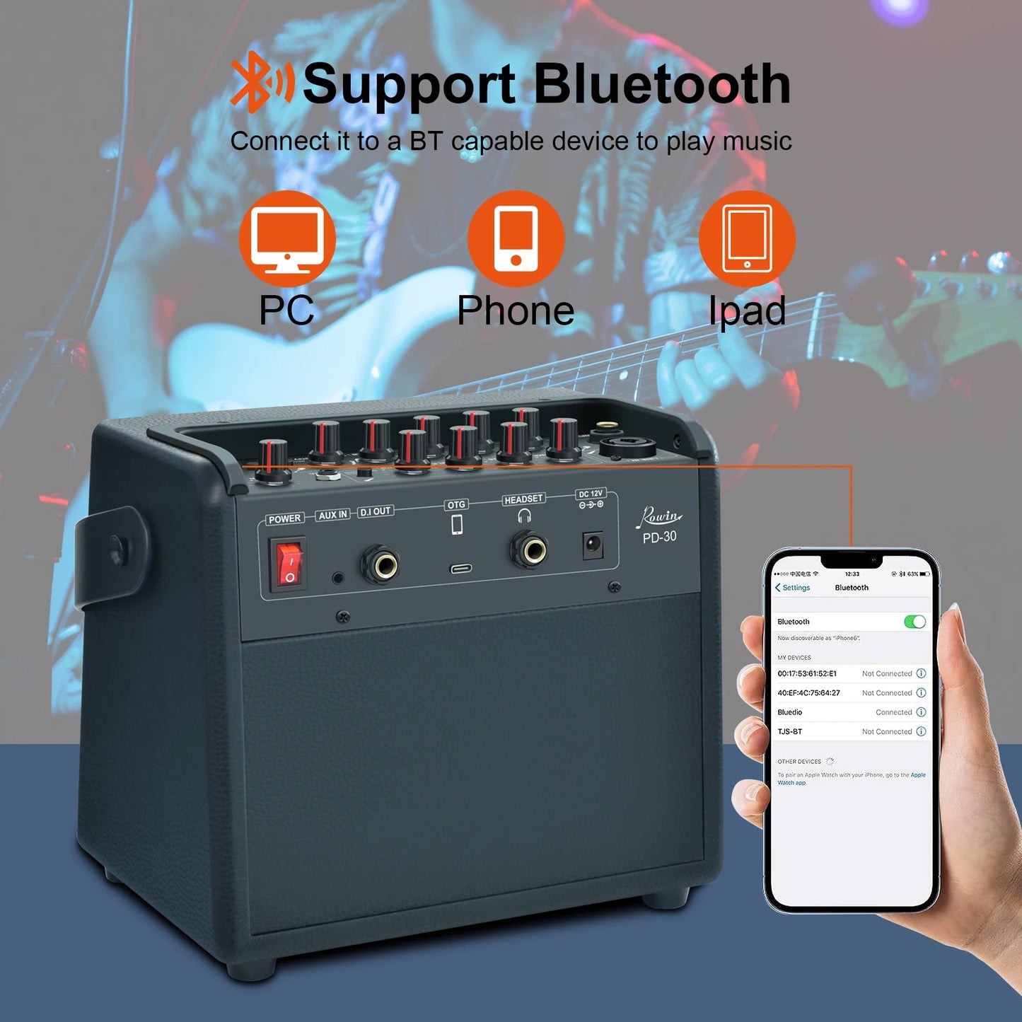 30W Rechargeable Acoustic Guitar Amp Bluetooth Reverb Chorus
