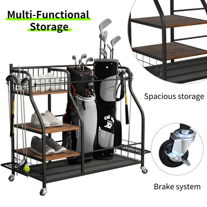 Rolling Golf Bag Storage Rack with Wheels Multi-Tier Organizer