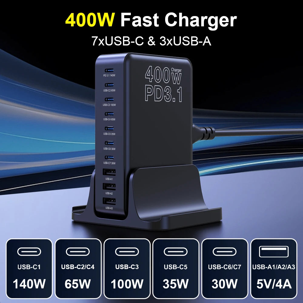 400W GaN USB-C Charging Station with 10 Ports
