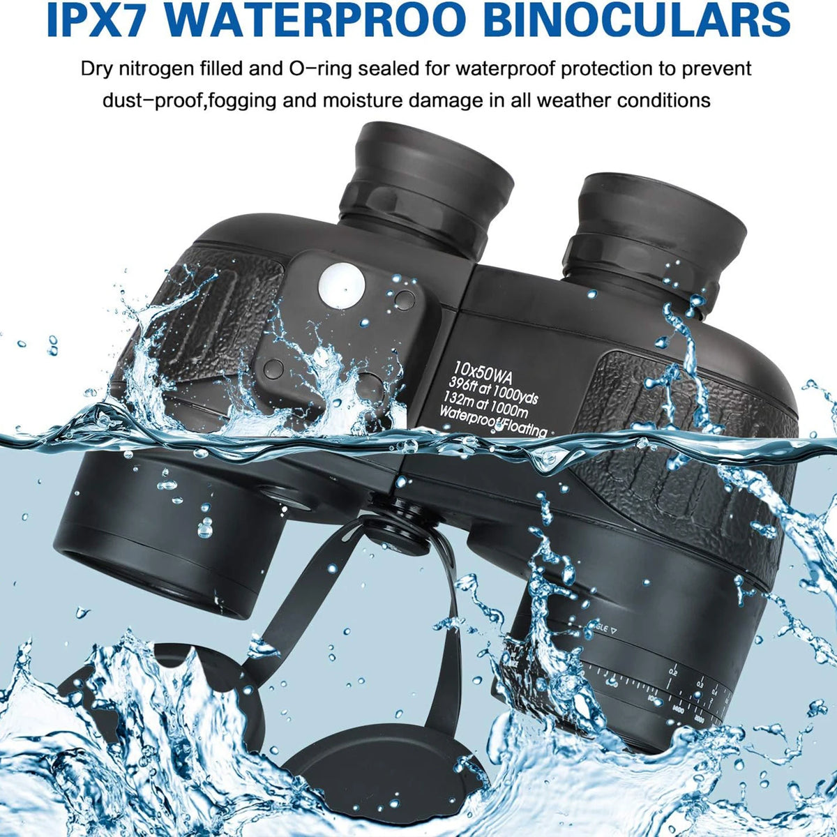 10x50 Marine Binoculars with Compass Rangefinder, IPX7 Waterproof